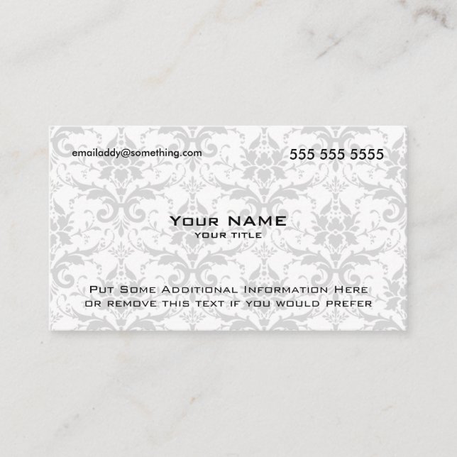 Modern White and Grey Damask Business Card (Front)