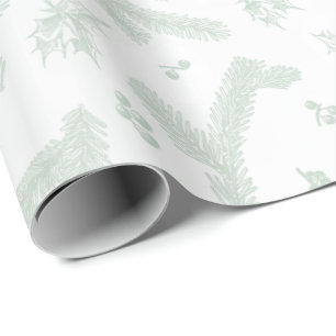 Modern White and Mint Holly and Pine Wrapping Paper