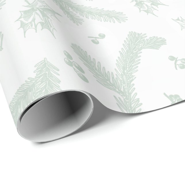 Modern White and Mint Holly and Pine Wrapping Paper (Roll Corner)