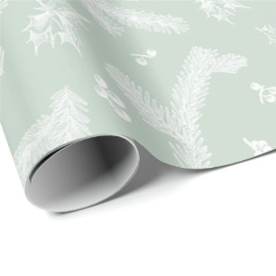 Modern White and Mint Holly and Pine Wrapping Paper