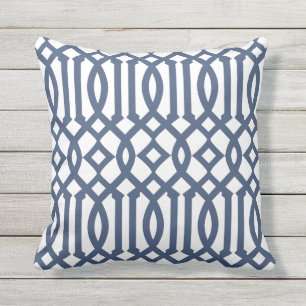 Modern White and Navy Blue Trellis Pattern Outdoor Cushion
