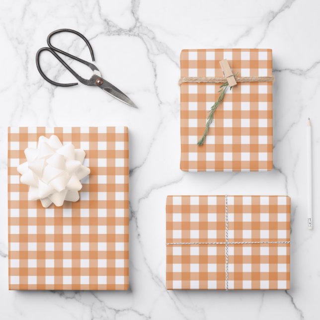 Modern White and Orange Gingham Plaid Wrapping Paper Sheet (Front)