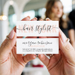 Modern white and peach hair stylist script chic mini business card<br><div class="desc">Modern white and peach hair stylist script chic</div>