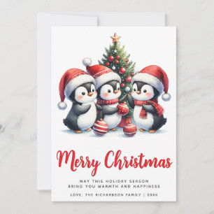 Modern White and Red Cute Penguins Merry Christmas Holiday Card