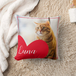 Modern White and Red Frame Heart Cat Memorial Cushion