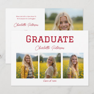 Modern White and Red Photo Graduation  Invitation