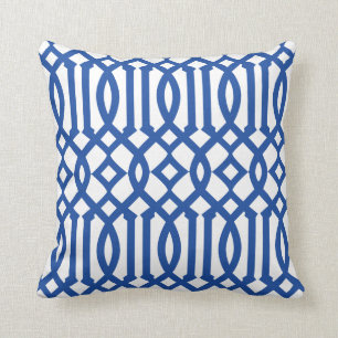 Modern White and Royal Blue Trellis Pattern Cushion