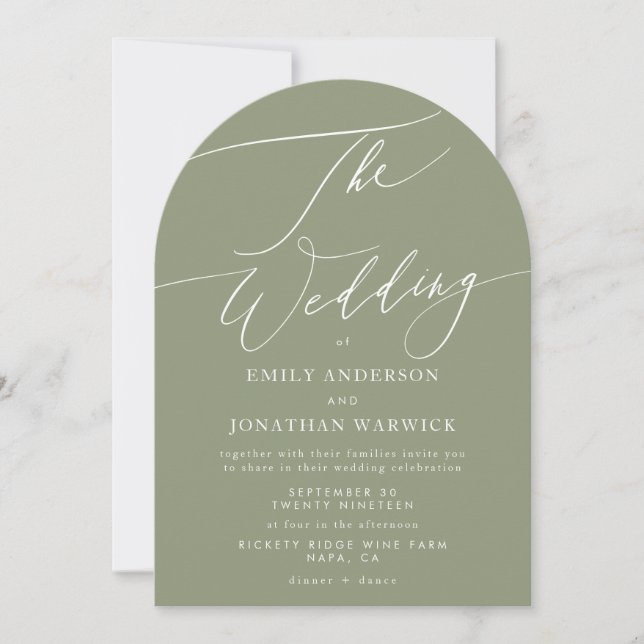 Modern White and Sage Green Simple Arch Wedding Invitation (Front)