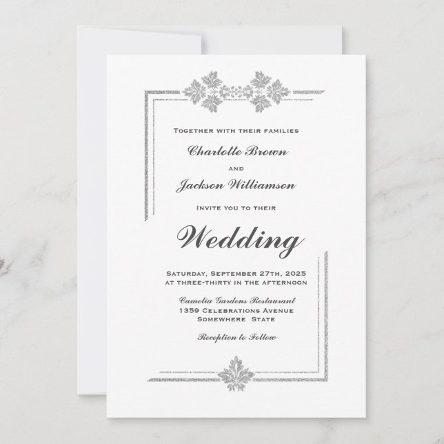 Modern White and Silver Glitter Wedding Invitation (Front)