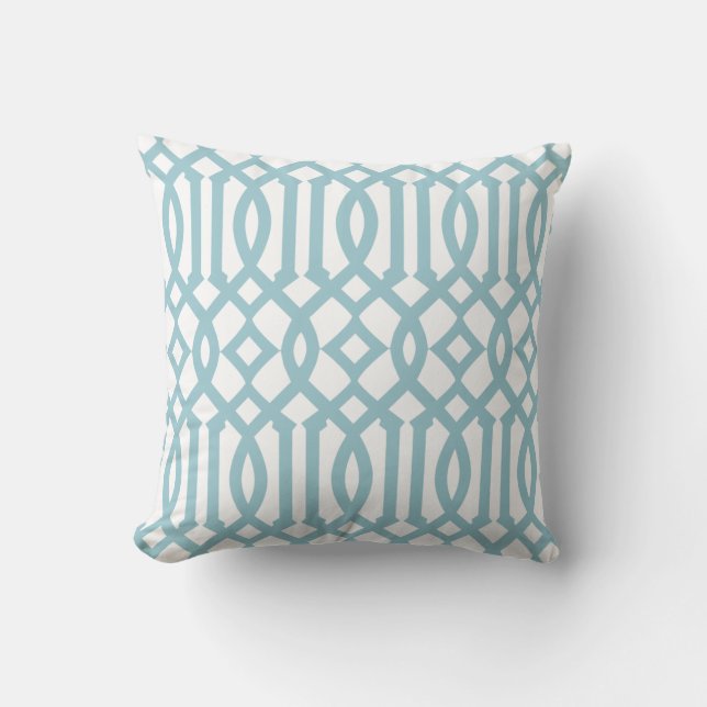 Modern White and Sky Blue Trellis Pattern Cushion (Front)