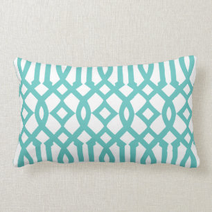 Modern White and Turquoise Trellis Pattern Lumbar Cushion
