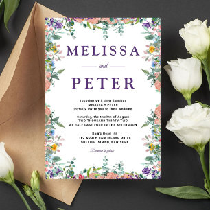 Modern White and Violet Watercolor Flower Wedding Invitation