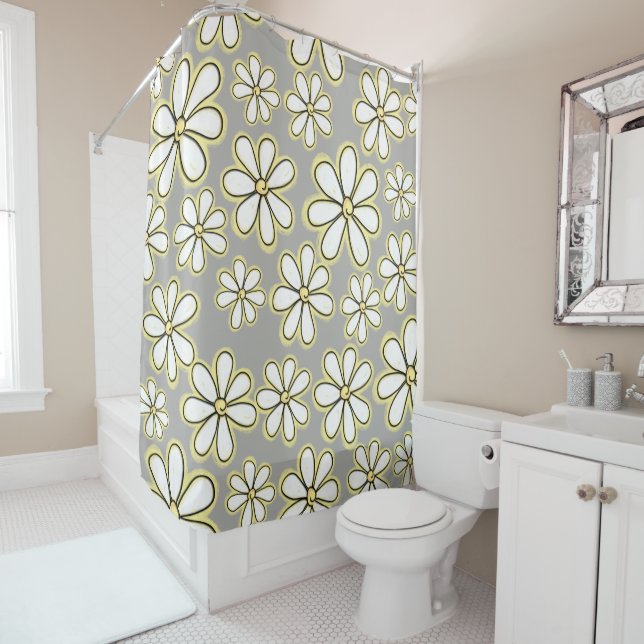 Modern White And Yellow Daisy Flowers Grey Shower Curtain (In Situ)
