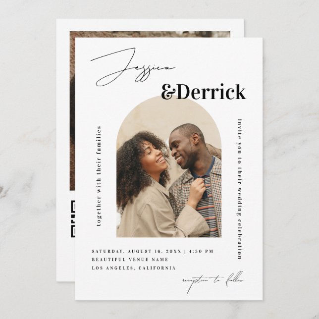 Modern White Arch 2 Photos Minimal QR Code Wedding Invitation (Front/Back)