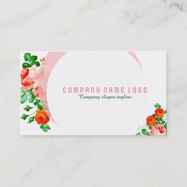 Modern White Background & Pink Roses Business Card (Front)