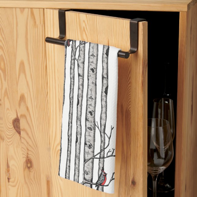 Modern White Birch Trees and Red Cardinal Birds Tea Towel (Thirds Fold)