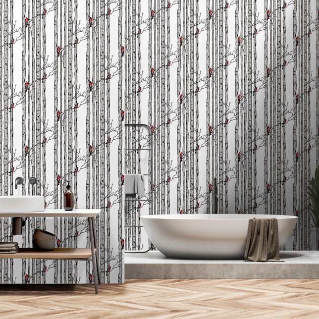 Modern White Birch Trees and Red Cardinal Birds Wallpaper (Bathroom)