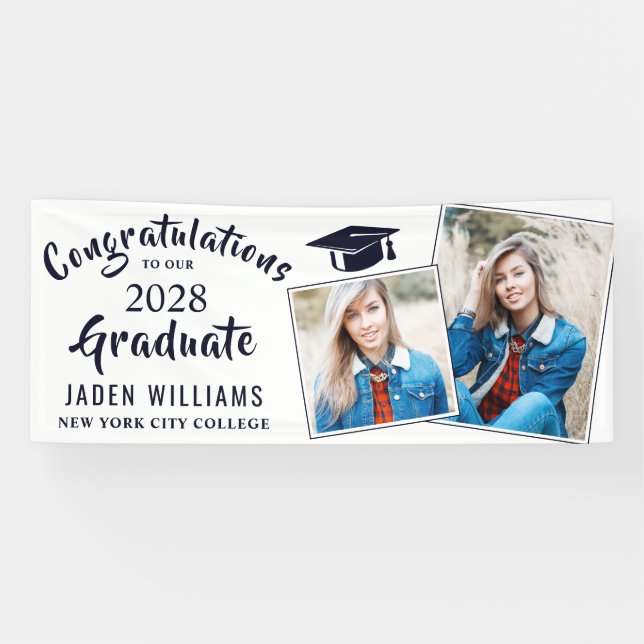 Modern White  Black 2 PHOTO Graduation Banner (Horizontal)