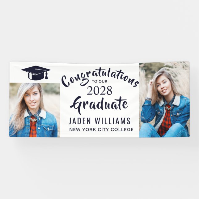 Modern White  Black 2 PHOTO Graduation Banner (Horizontal)