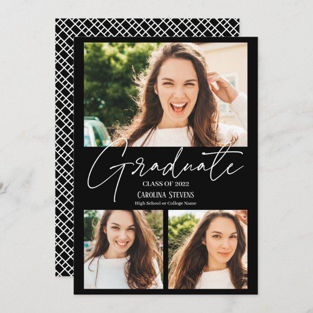 Modern white black 3 photos collage graduation announcement (Front/Back)