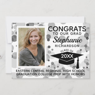 Modern White Black Bokeh Bubbles Photo Graduation Invitation