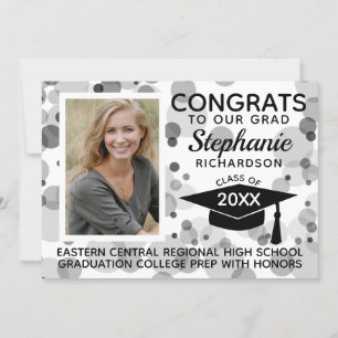 Modern White Black Bokeh Bubbles Photo Graduation Invitation
