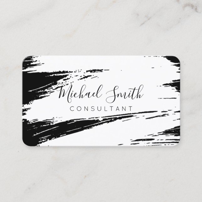 Modern White Black Brush Stroke Paint Business Card (Front)