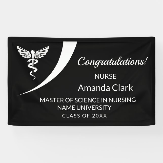 Modern White & Black Caduceus Nursing Graduation Banner (Horizontal)