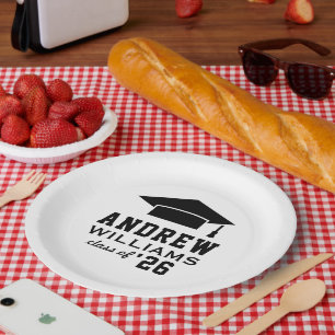 Modern White Black Custom Graduation Party Paper Plate