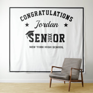 Modern White Black Graduation Photo Booth Backdrop Tapestry