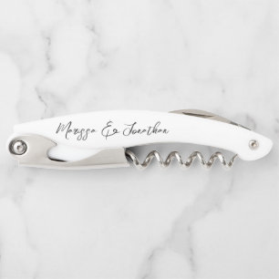 Modern White Black Hand Lettered Script Wedding Corkscrew