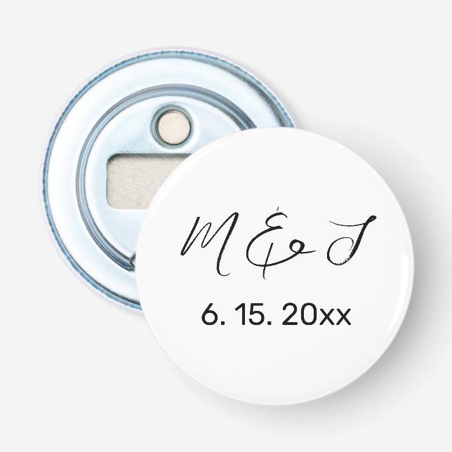 Modern White Black Hand Lettered Wedding Bottle Opener (Front)