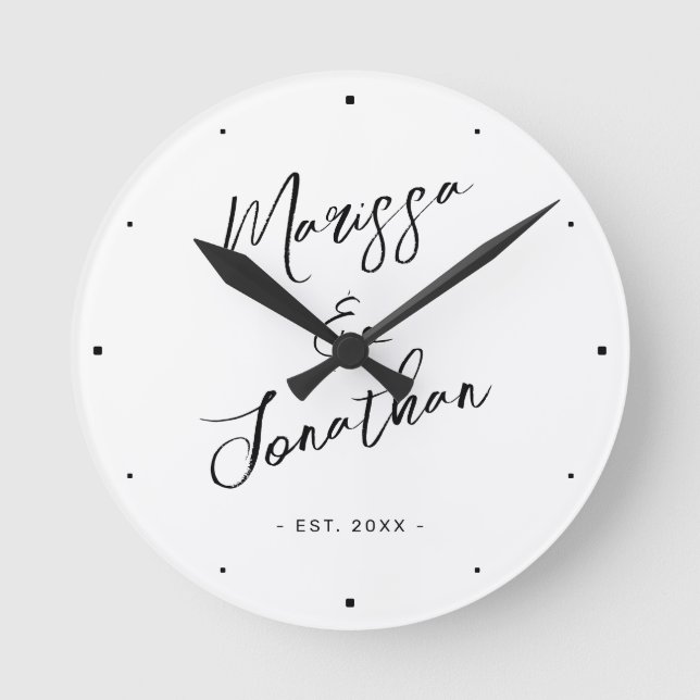 Modern White Black Hand Lettered Wedding Round Clock (Front)