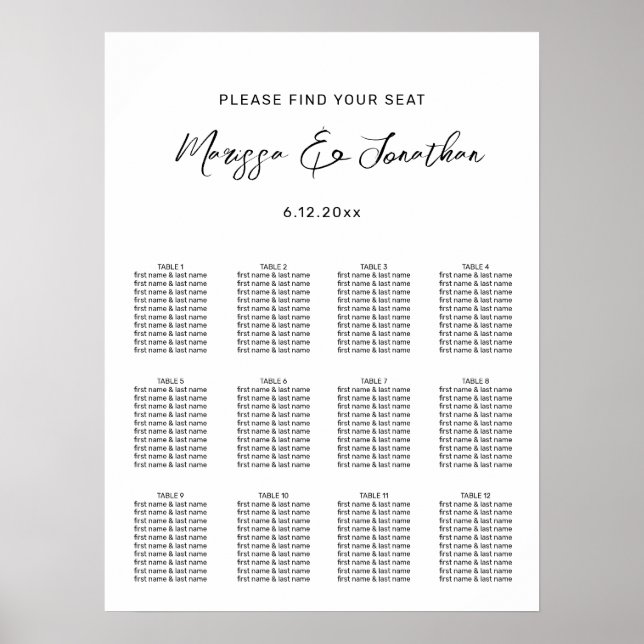 Modern White Black Hand Lettered Wedding Seating Poster (Front)