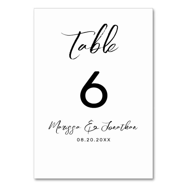Modern White Black Hand Lettered Wedding Table Number (Front)
