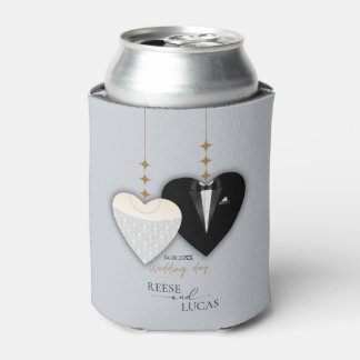 Modern white black illustration wedding heart can cooler