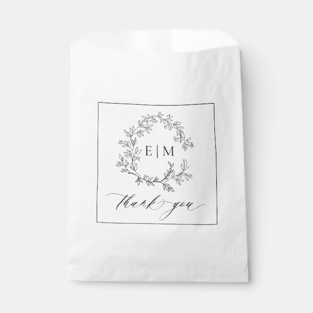Modern White Black Leafy Crest Monogram Wedding Favour Bags (Front)