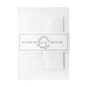 Modern White Black Leafy Crest Monogram Wedding Invitation Belly Band