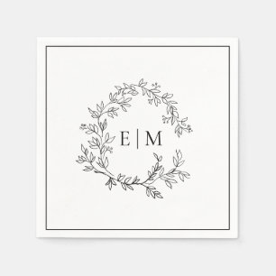 Modern White Black Leafy Crest Monogram Wedding Napkin