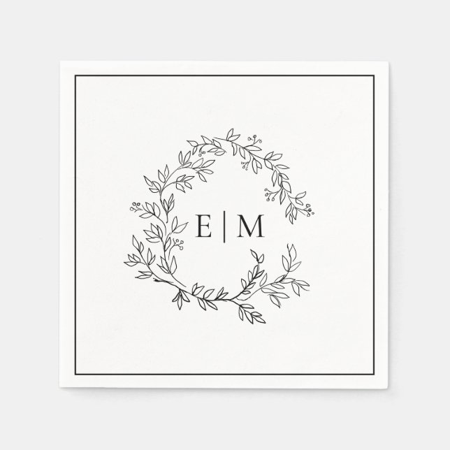 Modern White Black Leafy Crest Monogram Wedding Napkin (Front)
