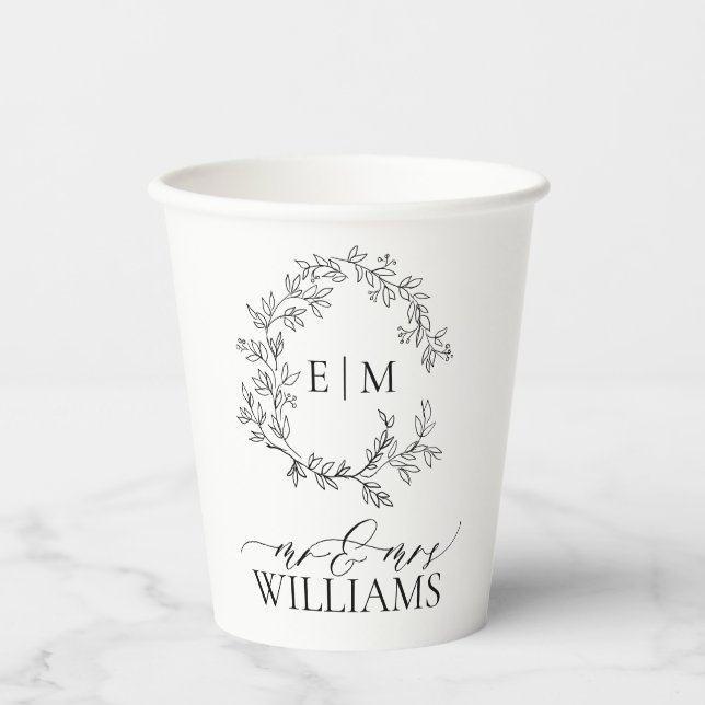 Modern White Black Leafy Crest Monogram Wedding Paper Cups (Front)