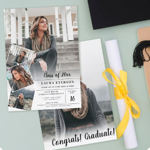 Modern white black minimalist photo graduation invitation