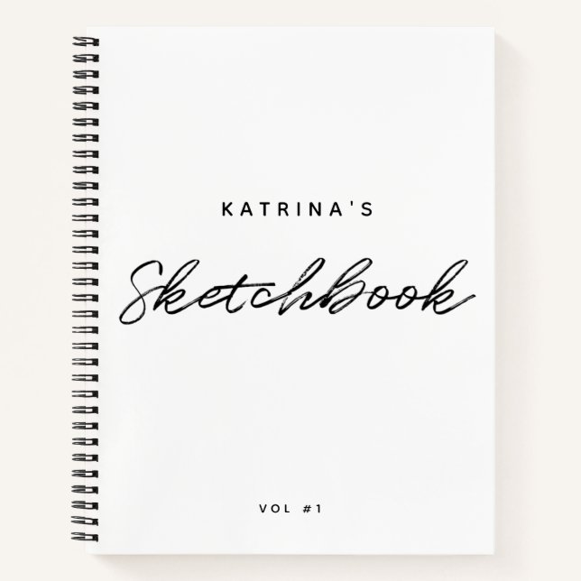 Modern White Black Minimalist Script Sketchbook Notebook (Front)