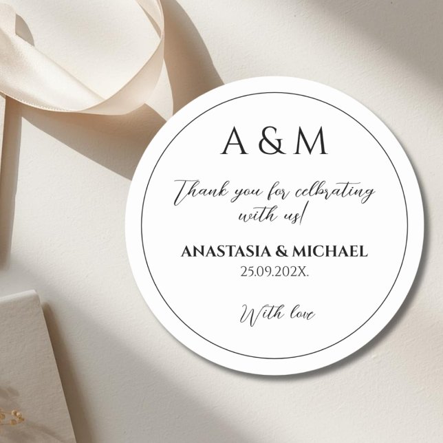 Modern white black minimalist wedding classic round sticker (Creator Uploaded)