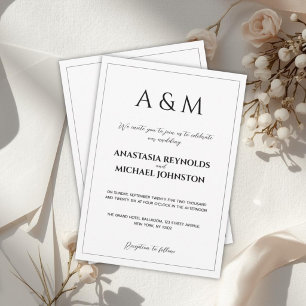 Modern white black minimalist wedding invitation