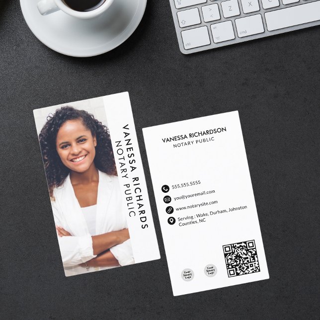 Modern White & Black Notary Vertical Photo QR Code Business Card (Creator Uploaded)