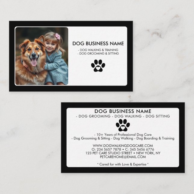 Modern White Black Pet Sitting Photo Paw Print Business Card (Front/Back)