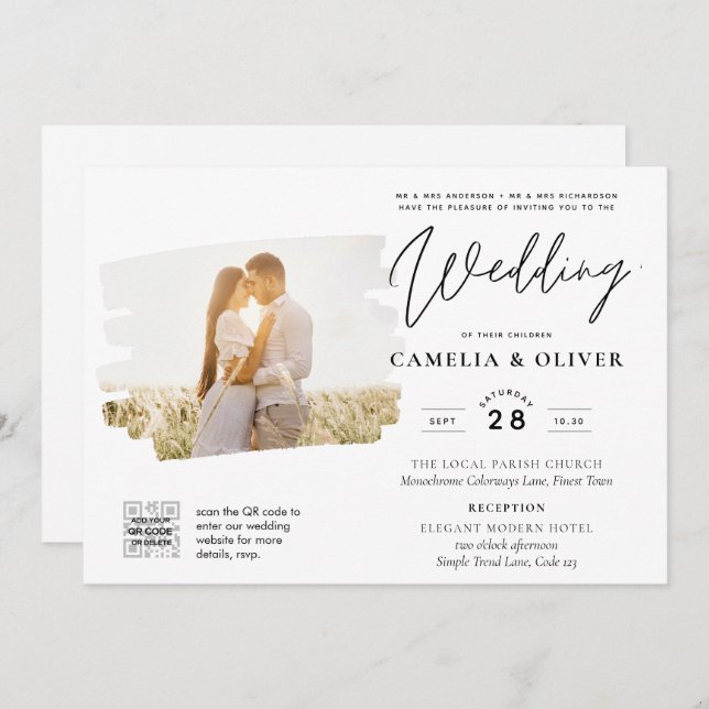 Modern White & Black PHOTO Wedding Invitation QR (Front/Back)