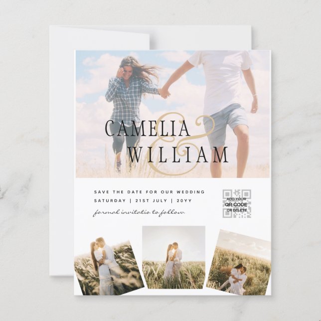 Modern White & Black PHOTO Wedding Invitation QR (Front)