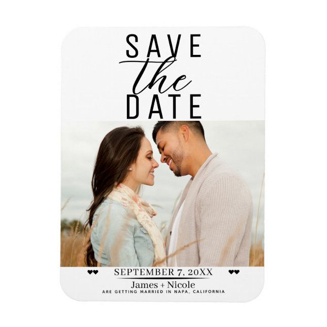 Modern White Black Save the Date Wedding Photo Magnet (Vertical)